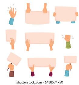 Set of posters in the hands. Vector illustration on white background.