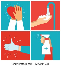 Afiches con las manos limpias. Conjunto de ilustraciones de propósito sanitario. Ilustración vectorial en estilo plano. Protección contra virus. Concepto de protección del virus de Corona. Atención de la salud.