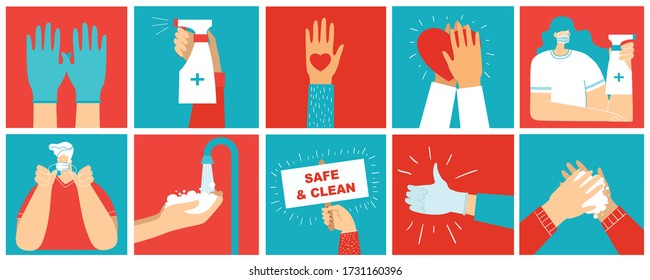 Afiches con las manos limpias. Mano con un desinfectante. Conjunto de ilustraciones de propósito sanitario. Ilustración vectorial en estilo plano. Protección contra virus. Concepto de protección del virus de Corona. Atención de la salud.