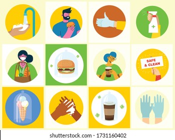 Set posters and hands washed clean  Meal protected from virus  Healthcare purpose set illustration  Vector illustration in flat style  Corona virus protection concept  Health care 