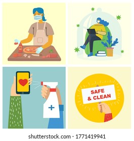 Set posters and hands washed clean  Meal protected from virus  Healthcare purpose set illustration  Vector illustration in modern flat style  Corona virus protection concept  Health care 