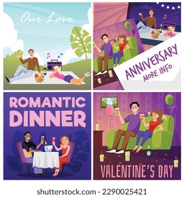 Set of posters of happy couples celebrating love at romantic dinners, flat vector illustration. Diverse people celebrating anniversary and Valentine s day. Romantic picnic and pastime.