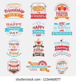 Set of posters Happy Friendship day. Vector illustration card with colourful text with creative strokes effect and typography.