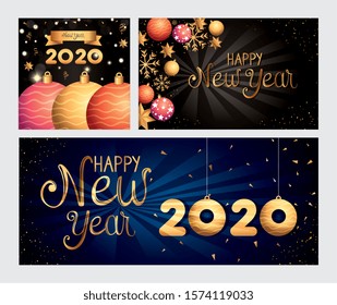 set of posters happy new year with decoration vector illustration design