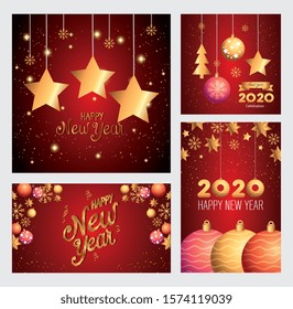 set of posters happy new year with decoration vector illustration design