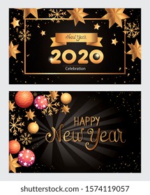set of posters happy new year with decoration vector illustration design