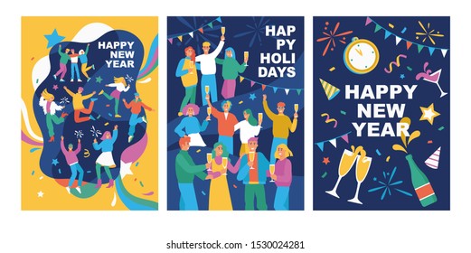 Set of posters with happy young fashion-dressed people celebrating the New Year.  Flat cartoon colorful vector illustration. Templates for card, banner or flyer.  