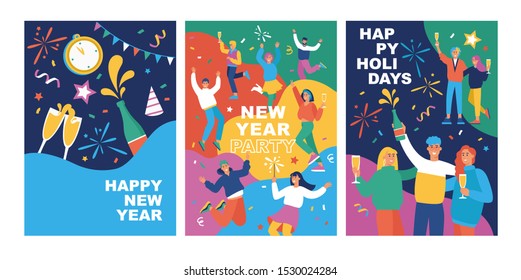 Set of posters with happy young fashion-dressed people celebrating the New Year.  Flat cartoon colorful vector illustration. Templates for card, banner or flyer.  