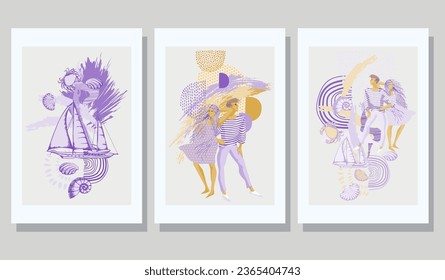 Set of posters. Happy young people and yachts and summer holidays.