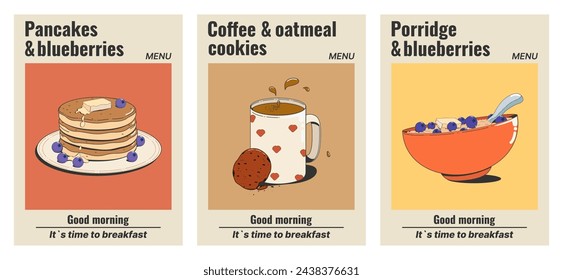 Un conjunto de carteles con un desayuno saludable: panqueques con arándanos, café con galletas de avena, gachas o avena. Ilustración vectorial en estilo retro de los años 50, 60-70.