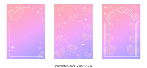 Set of posters with hearts. Gradient holographic backgrounds for Valentine's Day. Romantic glowing frame in mauve tones