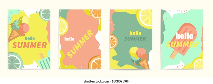 Set von Plakaten Hallo Sommer, Urlaub, Urlaub. flaches Design.