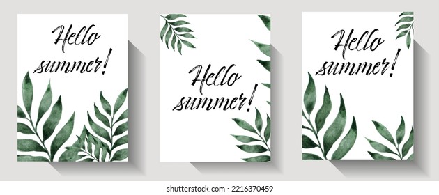 Set of posters Hello summer with palm leaves on white. Summer poster. Lettering summer season for greeting card, invitation template