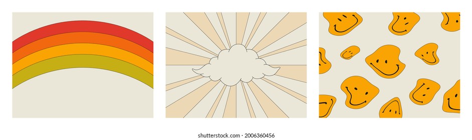A set of posters in the hippie style. A poster with a cloud, a rainbow, emoticons. Vector illustration of retro posters of the 70s
