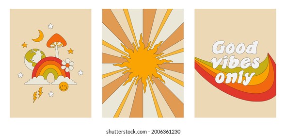 A set of posters in the hippie style. Poster with lettering, rainbow, sun, mushrooms, stars. Vector illustration of retro posters of the 70s