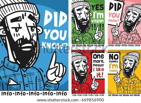 Set of posters Hipster shows thumb up and says