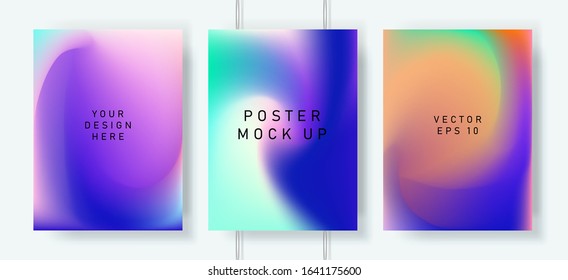 Set of posters with holographic fluid swirls, iridescent ombre gradient in rainbow colors. Cover template for music event, club party.