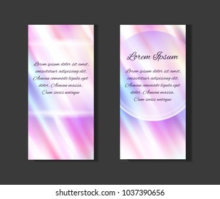 Set of posters with holographic foil background and  with diagonal glare. Blurred spectrum. Vector rainbow template for your ads, flyers and design.