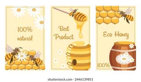 Conjunto de carteles con miel, el mejor producto natural. Anuncios de miel para el diseño de menús, etiquetas y Sitios web. Carteles con abejas, panales y miel. Vector