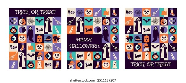 Set of posters. Horror elements. Happy Halloween. Bauhaus seamless pattern. Geometric style. Square. Brutalism. Y2K. Collection of Hand drawn shapes. Doodle. October 31. Saints' Day. Stickers and icon