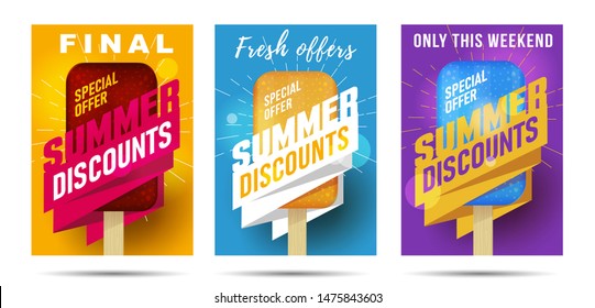 Set of posters for Hot summer final sale offer with ice cream