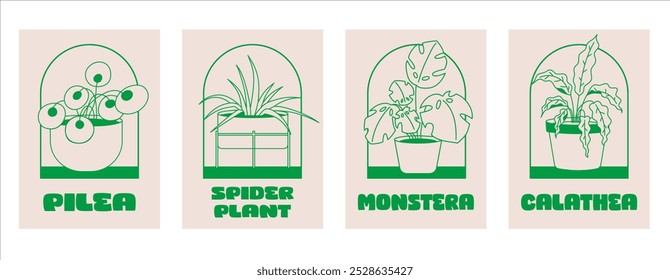 Conjunto de pôsteres casa plantas: monstera, pilha a, planta aranha, calathea. Contorno planta em vaso em estilo retrô.