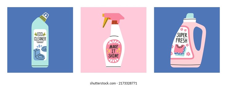Set of posters with household goods, housework routine.
Conditioner for clothes, cleaner for mirrors and glass in spray, eco toilet cleaner.
House cleaning, laundry. Hand drawn vector illustrations.