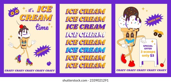 Set of posters with ice cream character. Funny ice cream mascot for cafe, restaurant. Vector illustration in psychedelic retro style.