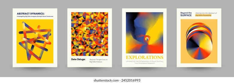 Set of posters illustrating Big Data, Data analytics, visualization, data collection and persistence. AI learning. Scientific and Tech concept. Vector illustration.