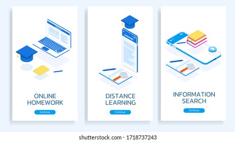 A set of posters with illustrations of distance learning and knowledge acquisition via the Internet using a smartphone or laptop. The images include books, writing utensils, and a graduate cap.