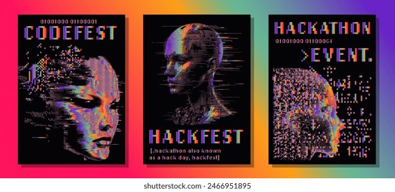 A set of posters with illustrations of glitchy holographic heads for various tech events, hackathons, festivals, etc.