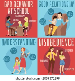 Establezca los afiches con la imagen de relaciones y comunicaciones padre e hijo. Amistad o conflictos entre madre e hija, padre e hijo. Ilustraciones planas de dibujos animados.