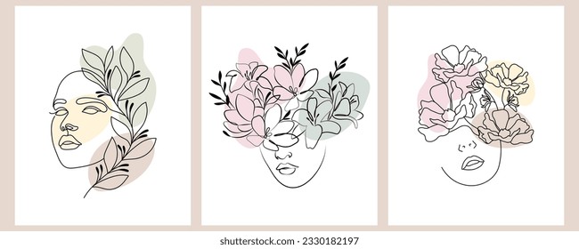 Set of posters for International Women's Day, portraits of women with flowers. Line art, black outline with pastel colors. Wall art, postcards	
