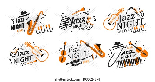 Set von Plakaten Jazz Nacht live Vektorgrafik. Einladung zu einem Live-Jazz- und Blues-Konzert. Musikinstrumente und Accessoires auf Sternhintergrund. Banner für ein Konzert im Jazzclub