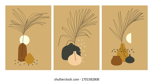 Set of posters with jugs and palm leaves in a minimalist style. Abstract illustration of a still life in warm colors
