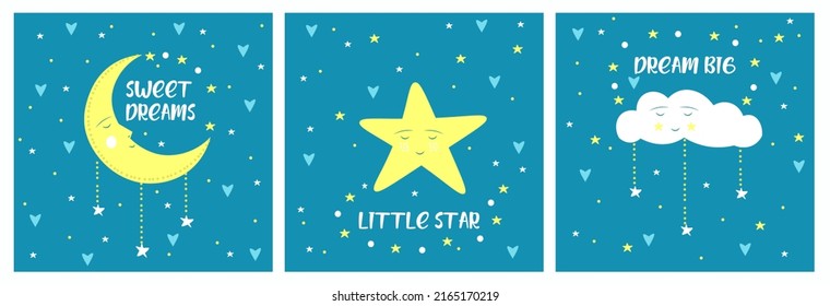 Set of posters for kids room or nursery in scandinavian style. Cute hand drawn illustration for print, baby shower invitation, greeting card. Star, moon, clouds.