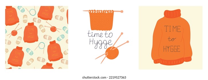 Set of  posters knitting with knitting needles from wool sweaters.  Hygge wall art. Colorful, cozy, warm vector illustrations of graphic interior decoration