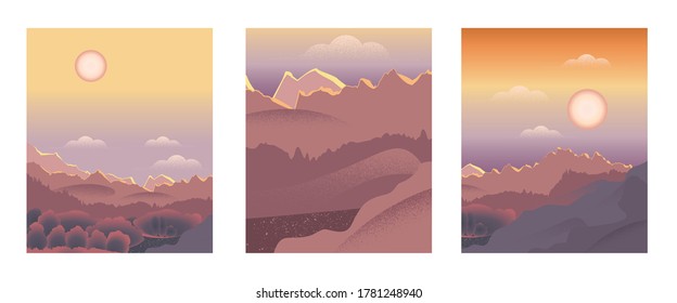A set of posters with a landscape background. Vector illustration of a natural, landscape background for a poster, banner, postcard, brochure or cover.