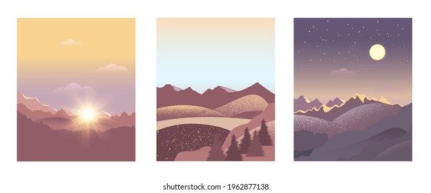 A set of posters with a landscape background. Vector illustration mountain scenery at dawn, peaks at night under the moon and during the day