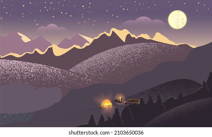 A set of posters with a landscape background. Vector illustration mountain scenery at dawn, peaks at night under the moon and during the day