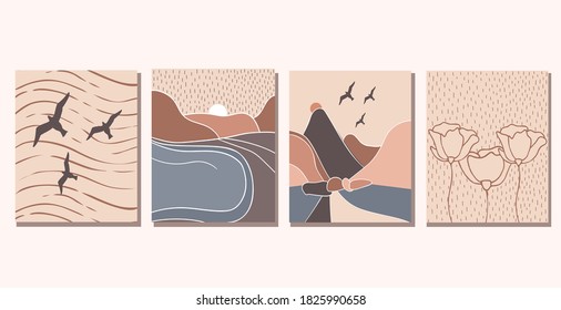 
A set of posters. Landscape, mountains, lake. Modern Art. Vector illustration.