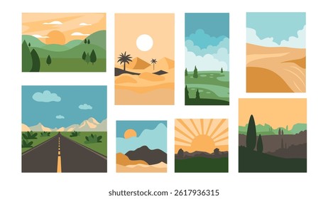 Set of posters with landscapes in cartoon style. Vector illustration of natural landscapes: sunset, sunrise, palm trees, desert, road, trees, bushes, mountains, sky, sun isolated on white background.