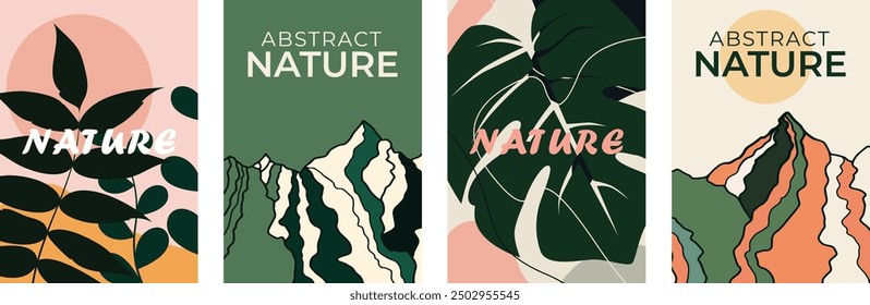 Conjunto de carteles hojas de naturaleza abstracta cartel de Plantilla cubierta de Anuncio patrón floral tonos verdes Elementos de diseño de patrón de Vector