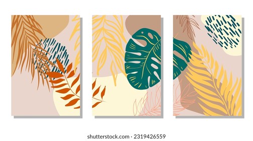 Set of posters with leaves of tropical plants. Contemporary art, abstract