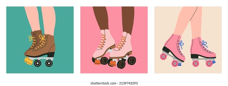 Set of posters with legs of girls in roller skates. Sport and disco. Retro fashion style from 80s. Cute vector illustrations in trendy colors. Hand drawn style. 