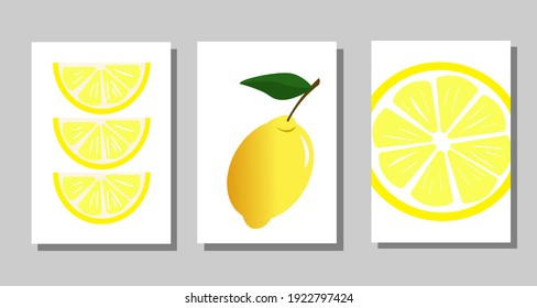 Set of posters with lemons. Illustration on white background with fruits. For home interior decoration and decor in restaurants, cafes, menus. Vector drawing.