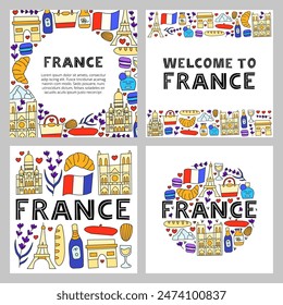 Set of posters with lettering and doodle colored France landmarks and attractions isolated on white backgrounds. Travel concept backgrounds.