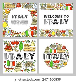 Set of posters with lettering and doodle colorful Italia landmarks and attractions isolated on white backgrounds. Travel concept backgrounds.