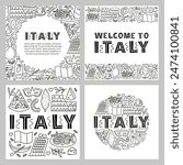 Set of posters with lettering and doodle outline Italia landmarks and attractions isolated on white backgrounds. Travel concept backgrounds.