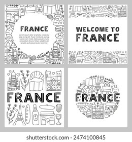 Set of posters with lettering and doodle outline France landmarks and attractions isolated on white backgrounds. Travel concept backgrounds.